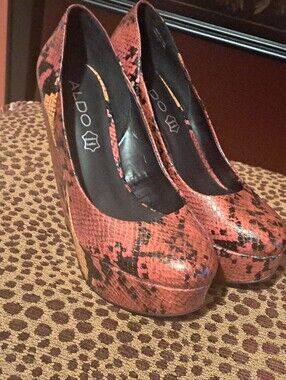 Aldo Red Orange Snake-Print Platform Pumps